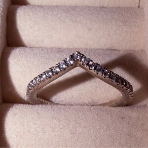 Pandora Silver V-Shaped Ring with Sparkling Accents
